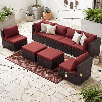 NICESOUL 29.3'' High Back Wicker Patio Furniture Set for 8 Person, Extra Big Outdoor Modular Sectional with Ottoman, Deep Seated Relax Conversation Sets for Backyard Deck, Brown and Red