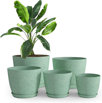 Utopia Home - Spotty Plant Pots Indoor with Drainage - 7/6.6/6/5.3/4.8 Inches Flower Pots - 5 Pack Plastic Planters - Ideal for Stocking Stuffers - (Speckled Mint, Pack of 5)
