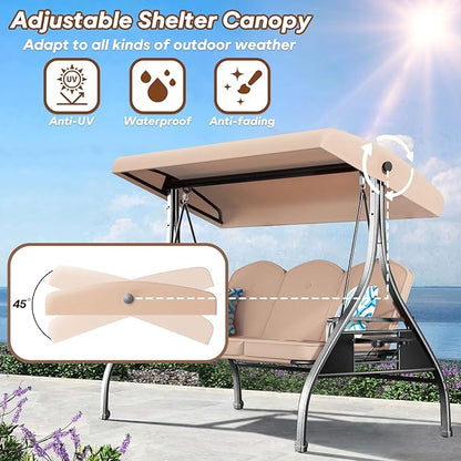 3 Seat Outdoor Porch Patio Swing with Stand 800lbs 2-in-1 Convertible Swing Bed with Adjustable Canopy & Removable Cushion for Yard Garden Deck (Khaki, Square Tube)