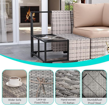 12-Piece Outdoor Patio Furniture Set Wicker Sectional Sofa Set, Patio Conversation Set with Thickened Cushions & Coffee Table for Garden, Backyard, Poolside, Sand