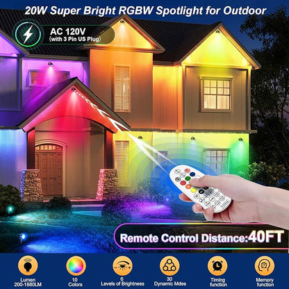 20W RGBW Color Changing Outdoor Spotlight with Remote Control 1880LM IP66 Waterproof LED Spot Lights for Christmas Halloween Decorative Yard Garden Pathway 120V US Plug 2 Pack