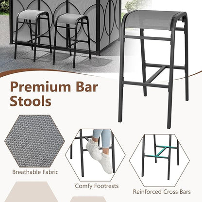 Tangkula 3-Piece Patio Bar Set, Grill Gazebo & 2 Bar Stools with Tempered Glass Bar Table, Metal Storage Shelves, Glass Holders, Double-Tier Soft Top Canopy BBQ Gazebo Shelter for Patio Garden (Grey)