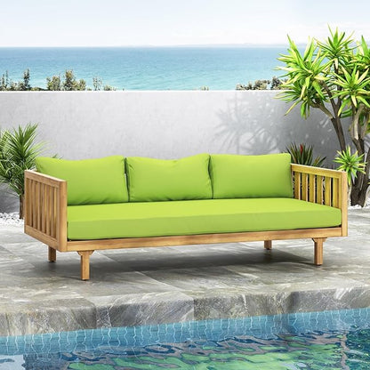Merax Solid Acacia Wood Couch Chaise Lounge Chair Indoor, 3 Seater Daybed Sofa Couches with Cushions & Pillow, Heavy Frame Day Bed for Living Room, Office, Outdoor, Balcony, Patio, Water Resistant