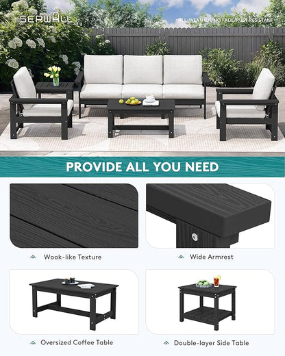 SERWALL HDPE Patio Furniture Set, 7-piece Outdoor Sectional Sofa Set, All Weather Outdoor Couch Set for Deck, Lawn, Black Frame with Khaki Cushion