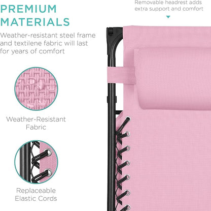 Best Choice Products Folding Zero Gravity Outdoor Recliner Patio Lounge Chair w/Adjustable Canopy Shade, Headrest, Side Accessory Tray, Textilene Mesh - Bubblegum Pink