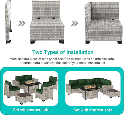 7-Piece Outdoor Patio Furniture Set with 55,000 BTU Fire Pit Table, PE Wicker Rattan Sectional Sofa Patio Conversation Set with Thickened Cushions & Coffee Table, Dark Green