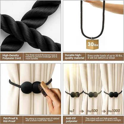 Hion Magnetic Curtain Tiebacks Black 2pcs, Curtain Tiebacks Buckles Holdbacks Holders Hooks Clip for Home Outdoor Bedroom Office Decorative Curtain