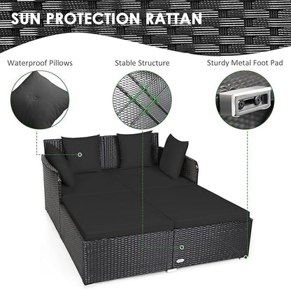 Tangkula Outdoor Rattan Daybed, Wicker Furniture with Spacious Seat, Upholstered Cushion & High-Resilience Sponge, Patio Sofa Set with 4 Pillows, 2-Person Sunbed for Poolside Backyard Garden & Balcony