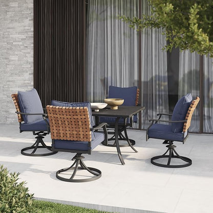 Grand patio 5-Piece Outdoor Dining Set, 4 Leather-Look Wicker Swivel Blue Patio Chairs & 1 Square Dining Table, Black