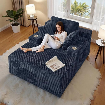 CHORRO67 Chaise Lounge Chair Indoor,Oversized Boneless Single Sleeeper Couch Bed,Corduroy Cloud Sofa with 3 Soft Pillows for Livingroom,Bedroom,No Assembly (Grey)
