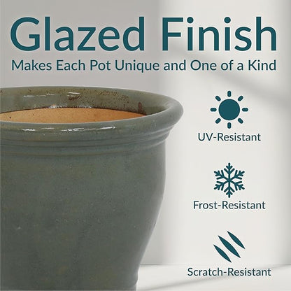 Sunnydaze Round Ceramic Planter - Set of 2 Indoor or Outdoor Plant Pots with Drainage Hole - Studio - 11" - Gray Glaze