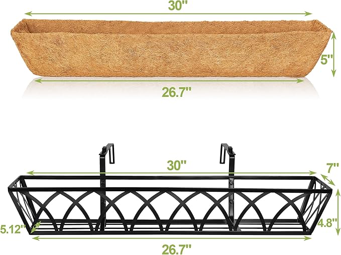 6pcs 30 Inch Window Deck with Coco Liner, 30" Window Boxes Horse Trough with Coconut Coir Liner, Metal Hanging Flower Planter Window Basket Deck Railing Planter Boxes for Outdoor Indoor Lawn