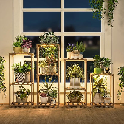 Bamworld Plant Stands with Grow Light Indoor 4 Sets Plant Shelves Outdoor Wooden Plant Holder for Multiple Plants Flower Stands Window Warm Light
