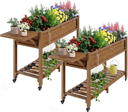 YEFU Raised Garden Bed with Legs: 57x18x30in Elevated Poly Planter with Wheels,Waterproof Mobile Raised Bed Garden, Elevated Planter Box Stand with Storage Shelf,for Herb,Carrot,Tomato (Teak,2pcs)