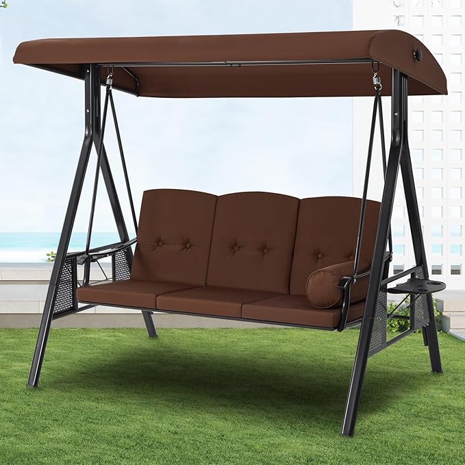U-MAX 3-Seat Porch Swing Chair Steel Frame, Patio Swing Chair with Stand and Removable Cushions, Outdoor Canopy Swing Chair for Outside, Backyard, Garden, Brown Cushion