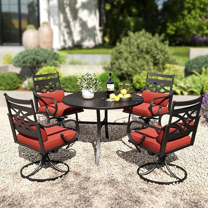 PHI VILLA 5 Pieces Outdoor Dining Set for 4, 42" Round Black Metal Table with Umbrella Hole & Wrought Iron Swivel Chairs, Large Outside Furniture with Red Cushions & Pillows for Patio, Deck, Porch