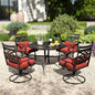 PHI VILLA 5 Pieces Outdoor Dining Set for 4, 42" Round Black Metal Table with Umbrella Hole & Wrought Iron Swivel Chairs, Large Outside Furniture with Red Cushions & Pillows for Patio, Deck, Porch