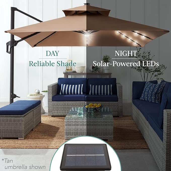 Best Choice Products 10x10ft Cantilever Patio Umbrella w/Base Included, Solar LED Lights 360 Rotation Large Offset Hanging Outdoor Shade for Deck Pool Backyard w/Stand – Black
