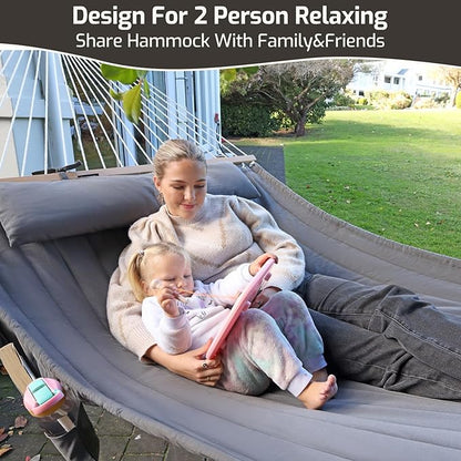 Double Quilted Fabric Hammock with Hardwood Spreader Bars and Pillow 450 LBS Capacity 2 Person Large Hammock for Outdoor Patio Backyard Poolside - Dark Grey