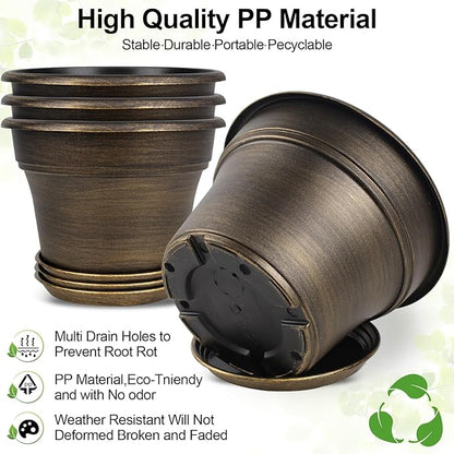 16 inch Plant Pots Outdoor Planters，4 Pack Large Plastic Flower Pot For Indoor Plants With Drainage Holes & Saucer, Resin Decorative Container Sets With Trays For House Outdoor Garden Plant Dark Gold