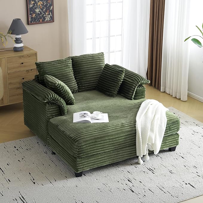 VINGLI Lounge Chair, 56" Oversized Reading Chair Corduroy Chaise Sofa Recliner Bed Upholstered Comfy Sleeper Couch with Throw Pillows and Armrests for Living Room, Movie Room, Bedroom