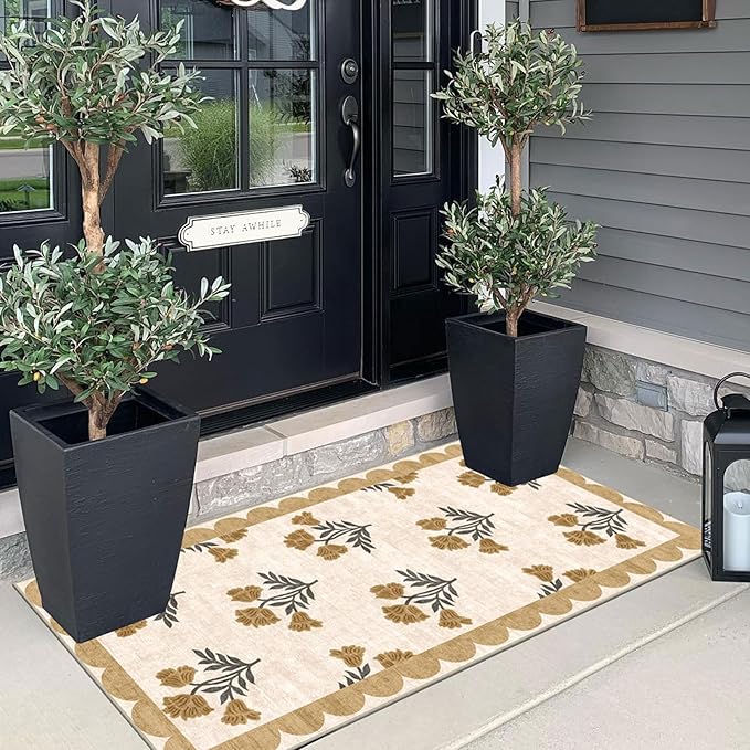 Outdoor Rugs, Beige Floral Scalloped Edge Entryway Mat, 2 x 4.3 ft
