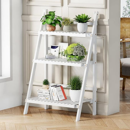Bamboo Bookshelf 3-Tier Ladder Shelf, 39.4” Freestanding Open Bookcase Book Shelf Bathroom Storage Shelf Unit Plant Stand for Small Space, Living Room, Bedroom, Home Office, White