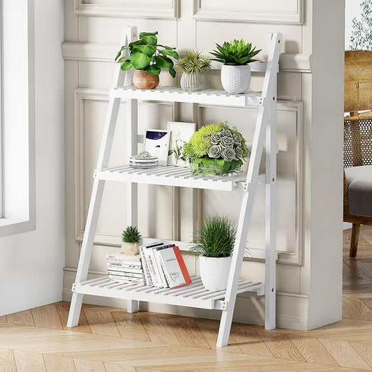 Bamboo Bookshelf 3-Tier Ladder Shelf, 39.4” Freestanding Open Bookcase Book Shelf Bathroom Storage Shelf Unit Plant Stand for Small Space, Living Room, Bedroom, Home Office, White