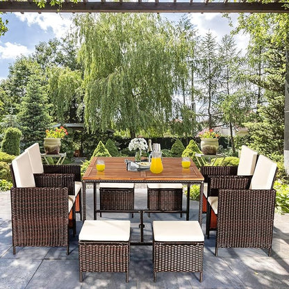 Tangkula 9 Pieces Patio Acacia Wood Table and Chairs Set with Umbrella Hole, Outdoor Space Saving Outdoor Dining Set,for Garden,Yard,Poolside
