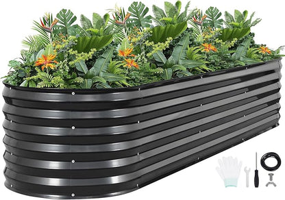 G GOOD GAIN Raised Garden Beds - 8x2x1.4ft Galvanized Planter Boxes Kit with Protective Tape & Gloves & Tools | Oval Metal Outdoor Raised Bed for Gardening Vegetables, Fruits, Flowers, Herbs, Grey