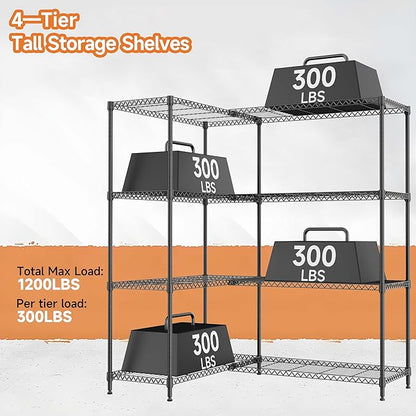 4 Tiers Storage Shelves Load 1200LBS, Metal Shelving Wire Metal Shelving Unit Shelves for Storage Adjustable Garage Shelving for Pantry Kitchen Garage Black 15.8" D x 33.5" W x 59.5" H