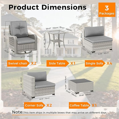 8-Seat Modern Patio Furniture Set with Swivel Rocking Chairs, Thick 4″ Cushions, Dual-Strand Wicker Rattan, Rust-Resistant Steel Frame – Outdoor Conversation & Modular Sectional,Gray
