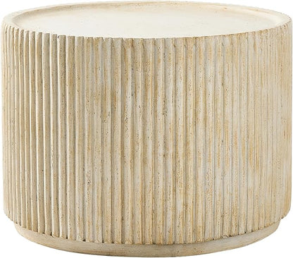 Christopher Knight Home Yunara 17" H Lightweight Concrete End Table with Stunning Fluted Design, Indoor Outdoor Accent Side Table, Travertine Effect Round Coffee Table, No Assembly, Natural