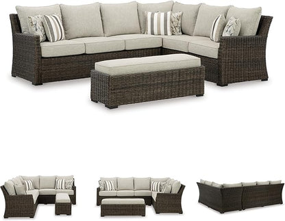 Signature Design by Ashley Brook Ranch Casual Nuvella Weather Resistant Fabric Right Hand Facing Outdoor Sofa Sectional/Bench with Cushion and 6 Throw Pillows, Set of 3, Beige & Dark Brown