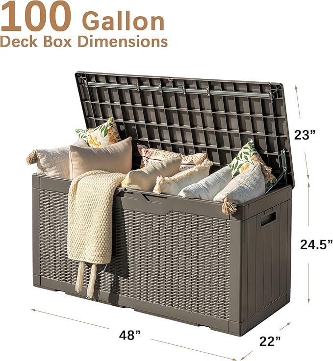 Deck Box with 97 Gallon Capacity, Brown Resin Storage Bench