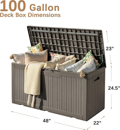 Deck Box with 97 Gallon Capacity, Brown Resin Storage Bench