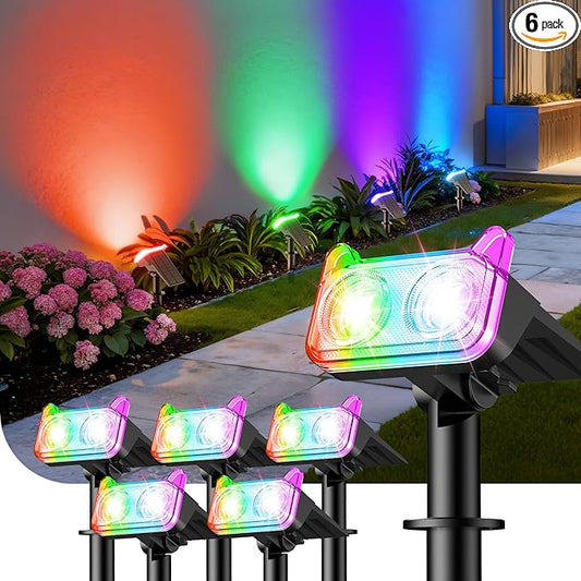 WdtPro Solar Color Changing Spot Lights, 8 Lighting Modes Solar Lights Outdoor Waterproof, Multicolor RGB Outdoor Light, 7 Colors Auto Cycling Landscape Spolights for Yard Garden Decoration, 6 Pack