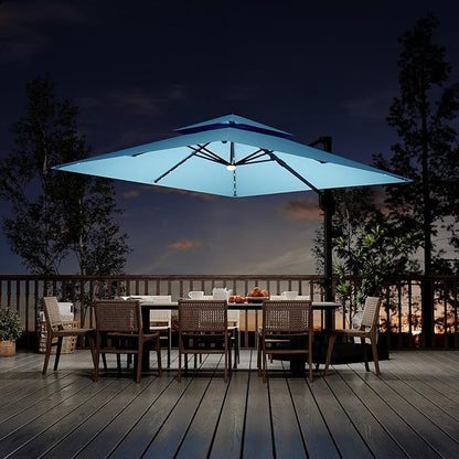 Garvee 10 ft Cantilever Patio Umbrella with Solar Lights, 360° Rotation Offset Umbrella, Easy Crank & Tilt Adjustment, UV Protection for Backyard, Poolside, Deck -Turquoise