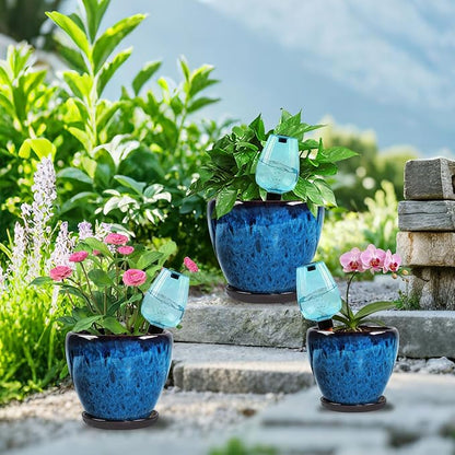 Ceramic Pots for Plant with Self Watering Globes, 8 inch Planters for Indoor Plants with Saucer, Glaze Flower Pots Outdoor with Drainage Holes, Decorative Garden Pots