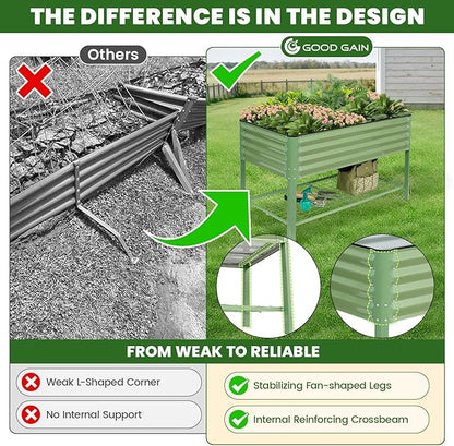 Elevated Raised Garden Bed 2' x 4'- Galvanized Metal Planter Boxes with Legs & Storage Rack, Outdoor Planters for Backyard/Patio/Balcony, with Drainage Holes for Vegetables, Flowers, Herbs, Green