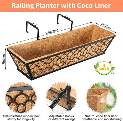 Riare 4 Pack 23 Inch Window Boxes Planters with Coco Liner, Metal Deck Railing Planter Boxes, Balcony Planters Railing Hanging, Horse Trough Window Flower Planter Boxes for Outdoor Porch Fence Patio