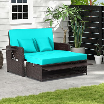 LDAILY Moccha Outdoor Daybed, Wicker Loveseat Sofa Set with 4-Postion Adjustable Backrest, Storage Ottoman, Cushions, Rattan Double Bed Lounger, Patio Furniture Set (Turquoise)
