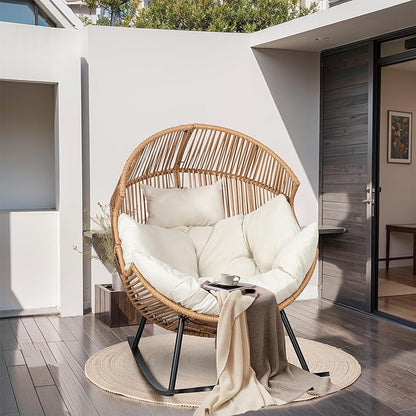 JAMFLY Egg Chair Rocking Chairs, Wicker Patio Chair Oversized Lounger Chair with Cushion for Indoor Living Room Bedroom Outdoor Patio Backyard Balcony Garden, Beige