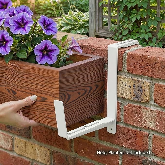 Window Box Brackets, Adjustable Planter Box Brackets, Heavy Duty Iron Flower Box Brackets for Railings, with Enhanced Bottom Support - Perfect for Balconies, Fences, and Gardens (White, 2 Pack)