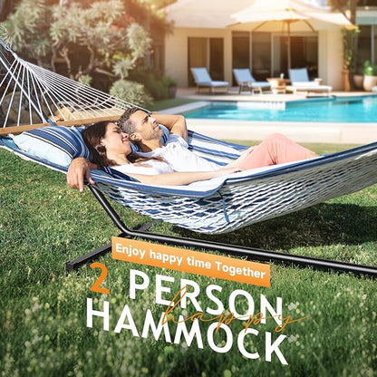 2 Person Outdoor Hammock with Stand, Cotton Rope Hammock with Polyester Pad, Adjustable Steel Frame, Portable with Carrying Bag – for Patio, Backyard, Garden, Beach, Blue