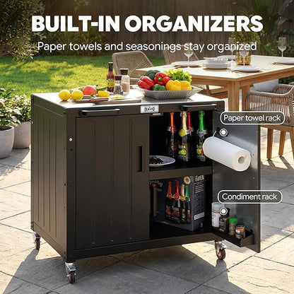 Outdoor Grill Cart with Storage Cabinet and Stainless Steel Top, 35-Inch Outdoor Grill Station with Door, Modular Kitchen Island for Food Prep and BBQ, Black & Silver