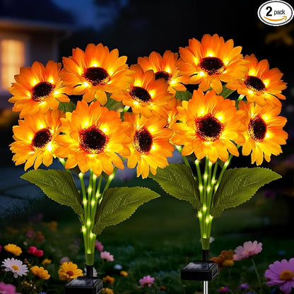 Solar Sunflower Lights 2 Pack with 12 Outdoor Decorative Lights, Birthday Gift for Mom and Friends, IP65 Waterproof Sunflower Garden Stake Lights for Yard Patio Lawn Pathway (Warm White)
