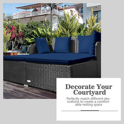 HAPPYGRILL Patio Rattan Daybed Outdoor Loveseat Sofa Set with Padded Cushion Pillows and Sturdy Aluminum Foot Wicker Patio Furniture for Garden Porch Poolside