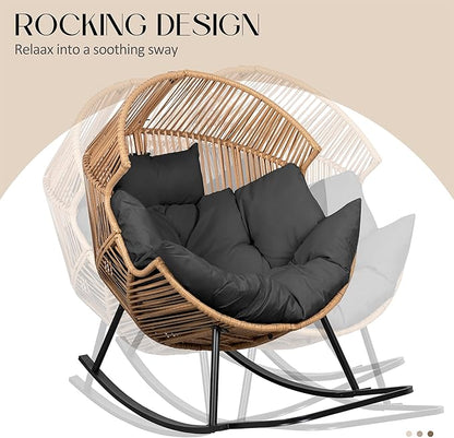 JAMFLY Egg Chair Outdoor Rocking Chairs, Wicker Patio Chair Oversized Lounger Chair with Cushion for Indoor Living Room Bedroom Outside Patio Backyard Balcony, Gray Cushion