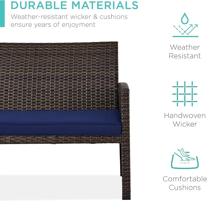 Conversation Set, 4-Piece Wicker Patio Set with Coffee Table, Brown and Navy